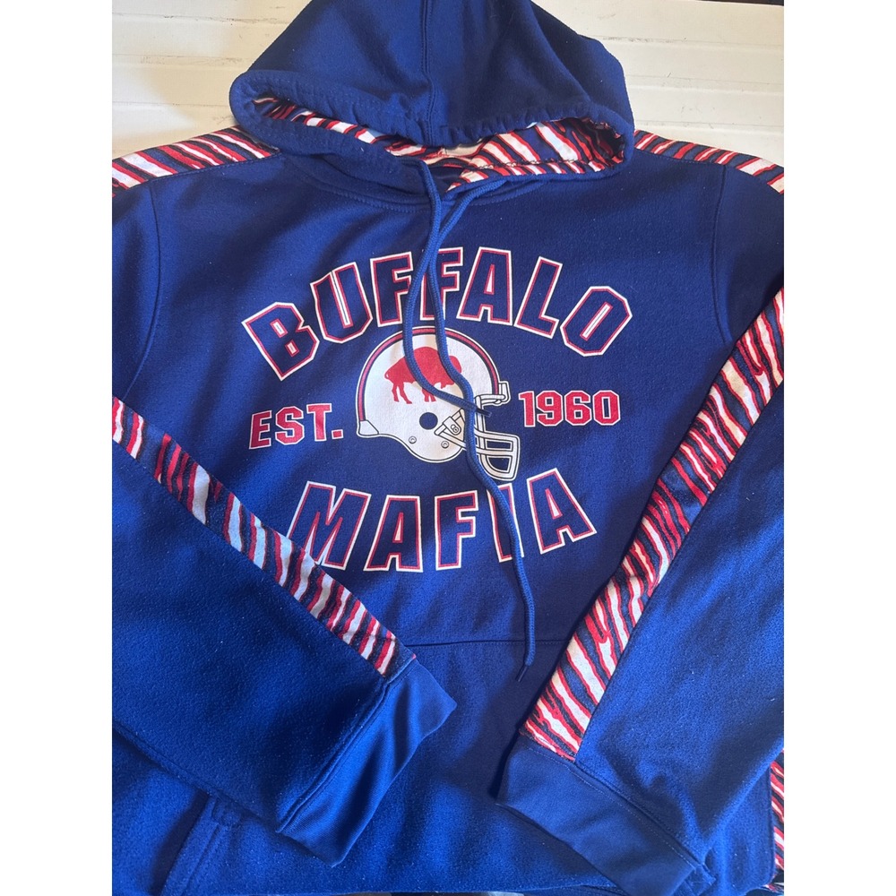 Buffalo Mafia Hoodie Blue Red White Striped Sleeve Football Fan Sweatshirt Large